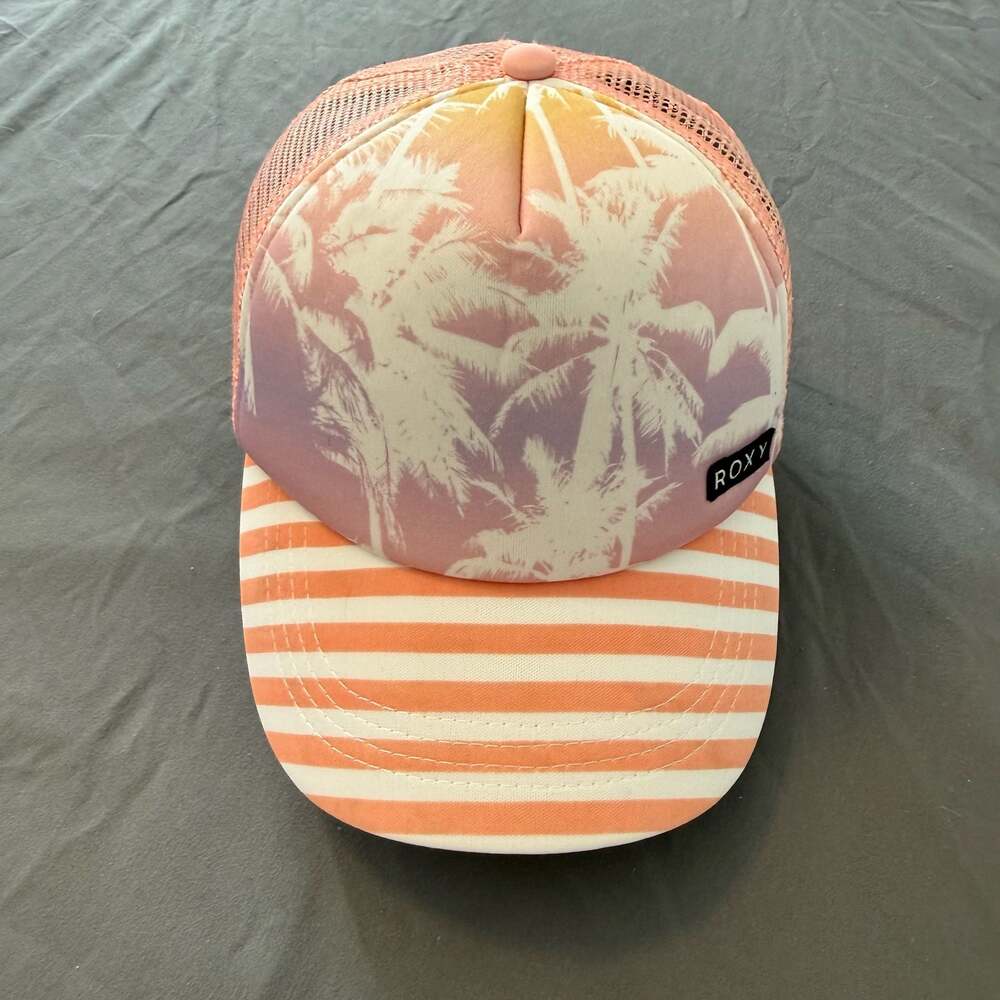 Roxy Tropical Palm Tree Trucker Hat Pink Mesh Striped Brim Snapback Cap